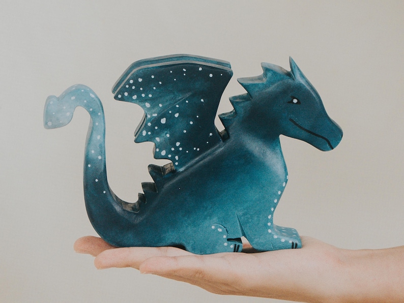 Wooden Water Dragon Toy, Hand-Painted Blue Dragon, Fantasy Mythical Creature, Waldorf Pretend Play, Unique Gift