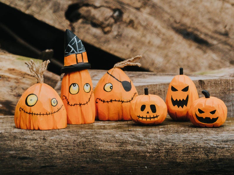 Wooden Pumpkin Toy Set, Handmade Halloween Decor, Waldorf Pumpkin, Wooden Halloween Figurines, Waldorf Halloween Toy, Table or Shelf Display