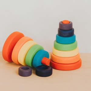 Wooden Rainbow Pyramid Stacking Toy, Wooden Stacking Rings, Teak Wooden Toy, Tower Of Rings Stacking, Gift For Kids, Educational Toys