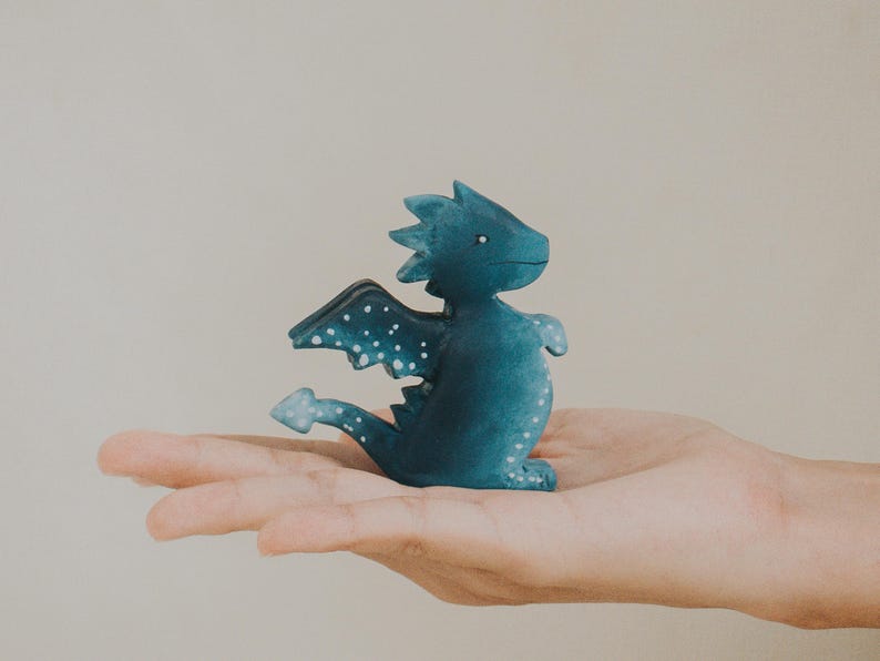 Wooden Water Dragon Toy, Hand-Painted Blue Dragon, Fantasy Mythical Creature, Waldorf Pretend Play, Unique Gift