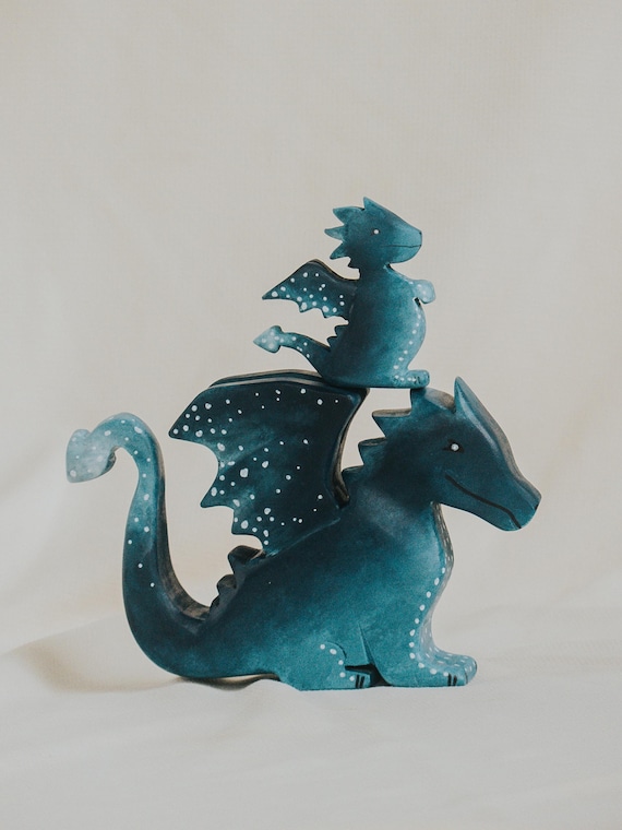 Wooden Water Dragon Toy, Hand-Painted Blue Dragon, Fantasy Mythical Creature, Waldorf Pretend Play, Unique Gift