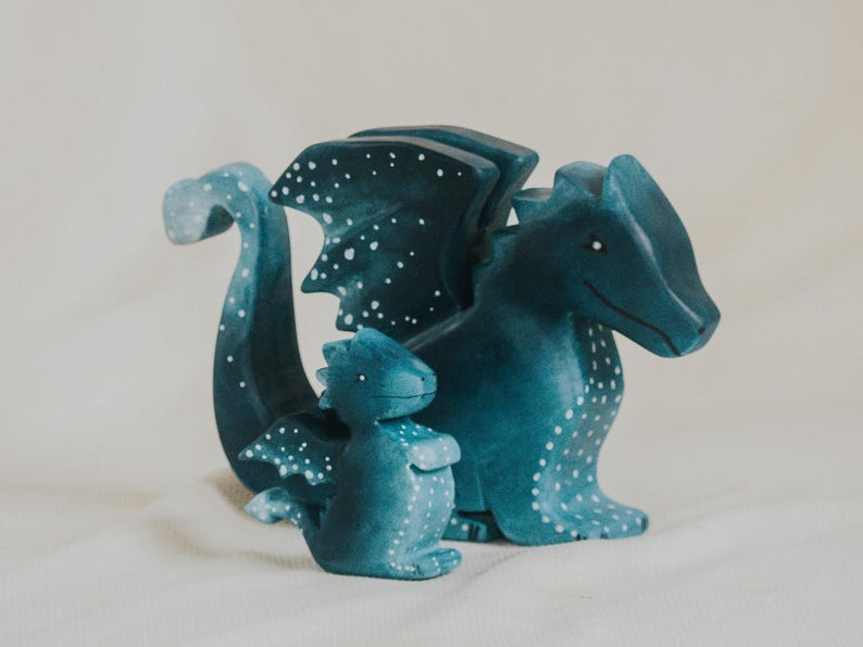 Wooden Water Dragon Toy, Hand-Painted Blue Dragon, Fantasy Mythical Creature, Waldorf Pretend Play, Unique Gift