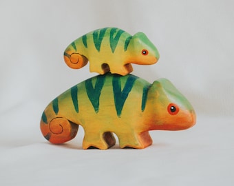 Wooden Chameleon Toy, Montessori Animal Figure, Waldorf Inspired Lizard, Handmade Wooden Reptile Toy, Reptile Lover Gift