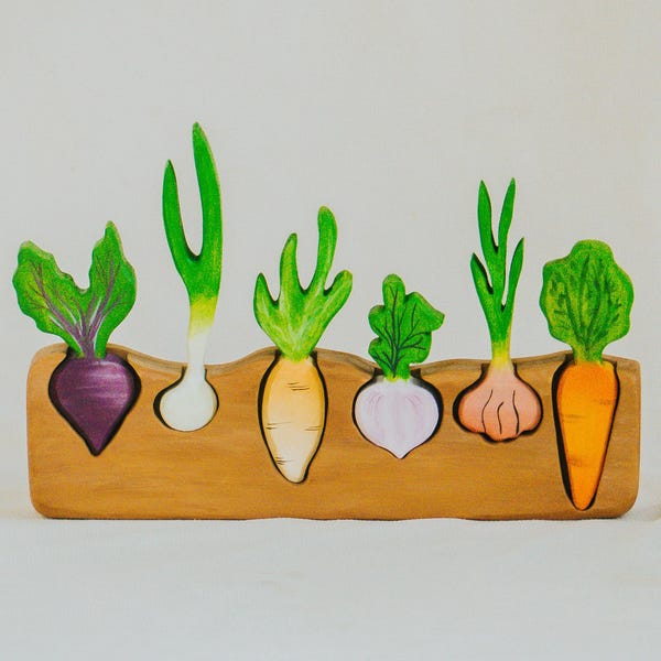 Puzzle di verdure in legno, verdure a radice Montessori, 6 verdure a radice, cibo giocattolo ecologico ispirato a Waldorf, giocattolo educativo per bambini