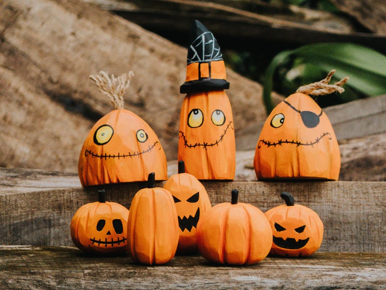 Wooden Pumpkin Toy Set, Handmade Halloween Decor, Waldorf Pumpkin, Wooden Halloween Figurines, Waldorf Halloween Toy, Table or Shelf Display