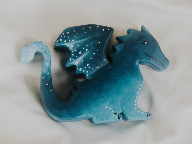 Wooden Water Dragon Toy, Hand-Painted Blue Dragon, Fantasy Mythical Creature, Waldorf Pretend Play, Unique Gift