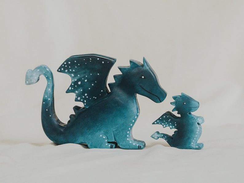 Wooden Water Dragon Toy, Hand-Painted Blue Dragon, Fantasy Mythical Creature, Waldorf Pretend Play, Unique Gift