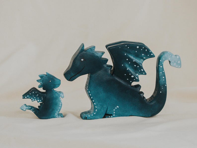 Wooden Water Dragon Toy, Hand-Painted Blue Dragon, Fantasy Mythical Creature, Waldorf Pretend Play, Unique Gift