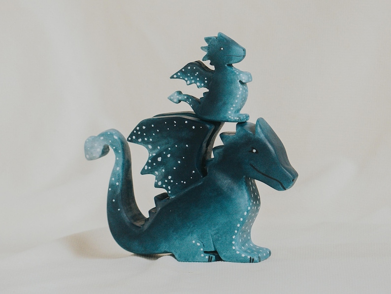 Wooden Water Dragon Toy, Hand-Painted Blue Dragon, Fantasy Mythical Creature, Waldorf Pretend Play, Unique Gift