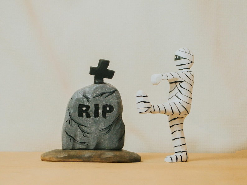 Objects That Rip Wooden Mummy and RIP Tombstone, Handmade Halloween Figurines, Halloween ...