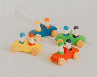 Wooden Cars with Peg Doll Friends, Colorful Car Toy Set with Wooden Peg Dolls, Colorful Montessori Toy, Waldorf Birthday Gift for Kids