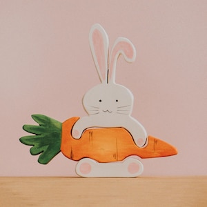 Wooden Easter Bunny Puzzle – Bunny Holding Carrot Toy, Montessori Waldorf Stacking Toy, Spring Nursery Decor, Eco-Friendly Gift for Kids