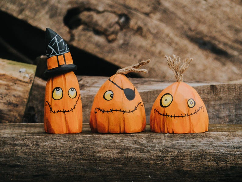 Wooden Pumpkin Toy Set, Handmade Halloween Decor, Waldorf Pumpkin, Wooden Halloween Figurines, Waldorf Halloween Toy, Table or Shelf Display