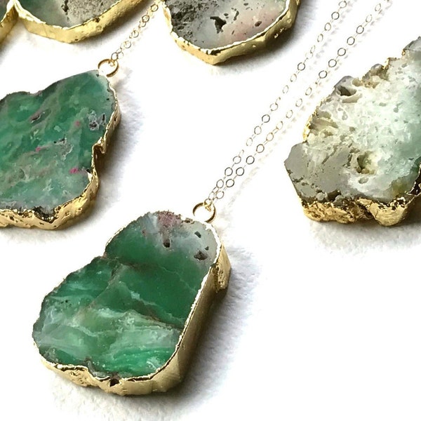 Chrysoprase Necklace Natural Genuine Green Gemstone Pendant Gold Layering