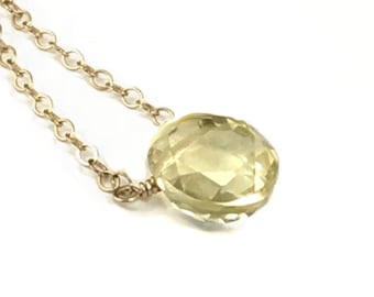 Lemon Quartz Necklace Oval Solitaire Gemstone - Dew Drops - Layering necklace