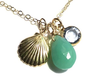 Chrysoprase Necklace Swarovski & Gold Clam Shell Charms, ZionShore