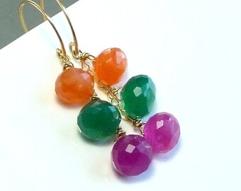 Carnelian, Green Onyx, Pink Quartz Earrings, Citrus Punch Tropical Gemstones