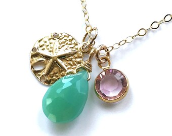 Chrysoprase Necklace Swarovski & Gold Sand Dollar Charms - Choose your favorite charm