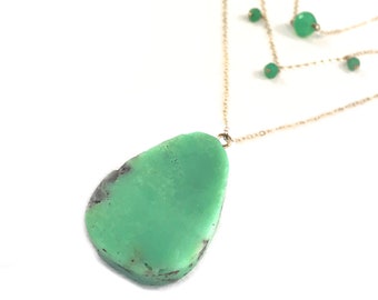 Chrysoprase Necklace Natural Genuine Green Gemstone Pendant Gold Layering