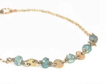 Genuine Blue Zircon Gold Coin Layering Bracelet - December Birthstone