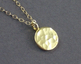 Circle Necklace Gold Vermeil Hammered Tag Charm Necklace Simple Modern 14K Chain - Office Fashion