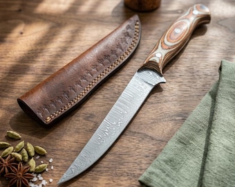 Hand-Forged Damascus Steel Fillet Knife, Wood Handle, Leather Sheath, Outdoor Gear Father's Day Gift