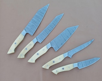 Handmade Forged Damascus Chef Knife Set-5 Pcs Kitchen knives White Bone Handles Cookware.