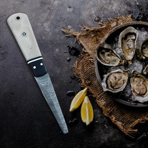 Oyster Shucker  knife for Shucking Damascus Steel Blade Bone Handle and Leather Sheath