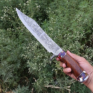 Handmade Hunting Survival Bowie Knife - 9 In Damascus Mosaic Pattern - Unique Gift for Groomsmen - Anniversary Gift for Men