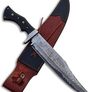 Handmade Damascus Steel Bowie Knife: San Mai Blade, Micarta Handle, Leather Sheath