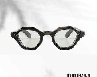 Handgefertigte Hornbrille Polygon Form: 60s Style Nachhaltige Brillenfassung