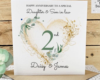 2nd Anniversary Card for Daughter and Son in Law, Floral Heart Personalised Greeting