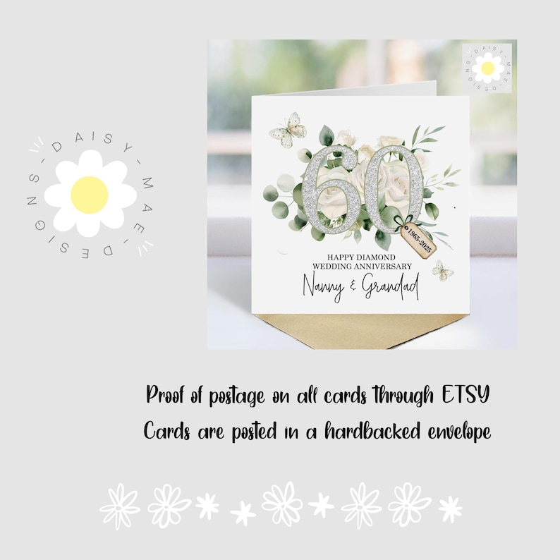 May include: A white greeting card for a 60th wedding anniversary, featuring a floral design with the numbers "60" in silver glitter. The card reads "Happy Diamond Wedding Anniversary" and "Nanny & Grandad."