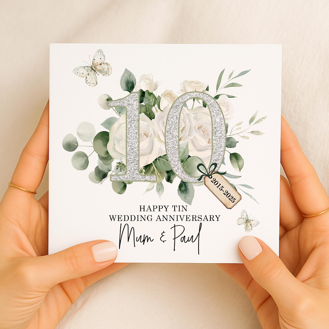 Personalised 10th Tin Wedding Anniversary Card | Elegant Floral Design ...