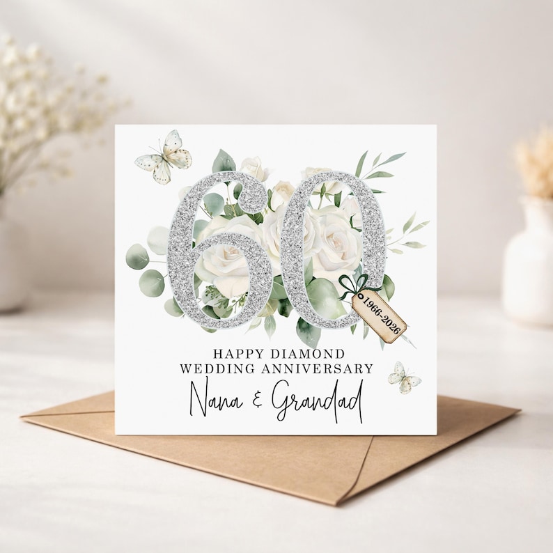 Personalised Diamond Wedding Anniversary Card, 60th Wedding Anniversary Card Mum And Dad, 60 Year Anniversary, 60 Years Married image 1