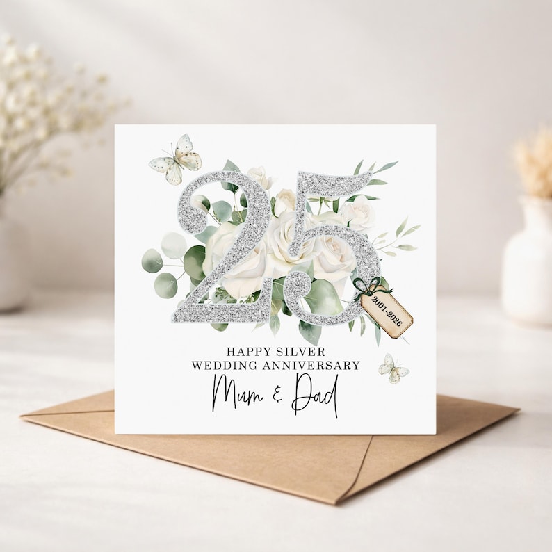 Silver Wedding Anniversary Card, Personalised Card, Silver Wedding Card, 25th Anniversary Card, 25 years Married, Silver Card Gift image 1