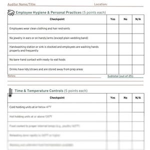 Puede incluir: Un formulario de autoevaluación de seguridad alimentaria con secciones sobre higiene de los empleados y controles de tiempo y temperatura. Incluye listas de verificación con columnas Sí, No y N/A. El formulario está diseñado para empresas.