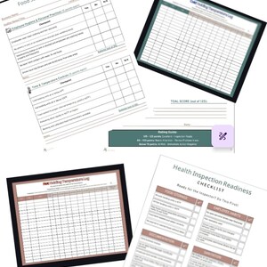 Puede incluir: Una colección de documentos de seguridad alimentaria, que incluyen un formulario de autoevaluación, registros de temperatura y una lista de verificación de preparación para la inspección de salud. Los formularios presentan listas de verificación y espacios para notas.