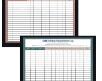 May include: Two framed temperature logs. The top log is labeled "Hot Holding Temperature Log" and the bottom log is labeled "Cold Holding Temperature Log". Both logs have a grid of blank cells for recording data. The frames are black and brown.