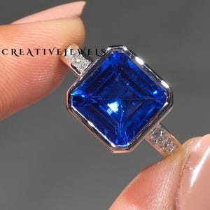 Royal Blue Asscher Cut Engagement Ring, 4.09CT & Half Channel Band Pave Set Ring For Sister, Bezel Setting Birthstone Ring, Jewelry Gifts