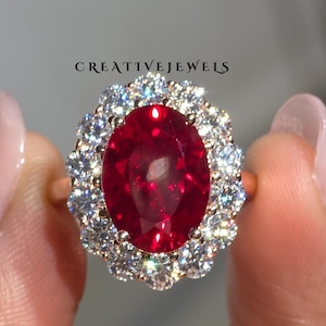 Lab Created 6CT Red Ruby Oval Cut Gemstone Ring, Floral Cluster Halo Designer Wedding Gift Ring For Bridal, 14K Solid Rose Gold Promise Ring