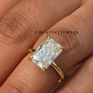 Emerald cut Moissanite Engagement Ring, Eternity Rounded Band,4 Carat Emerald Cut Moissanite Anniversary Gift Ring, 4 Claw Prong Set Ring .