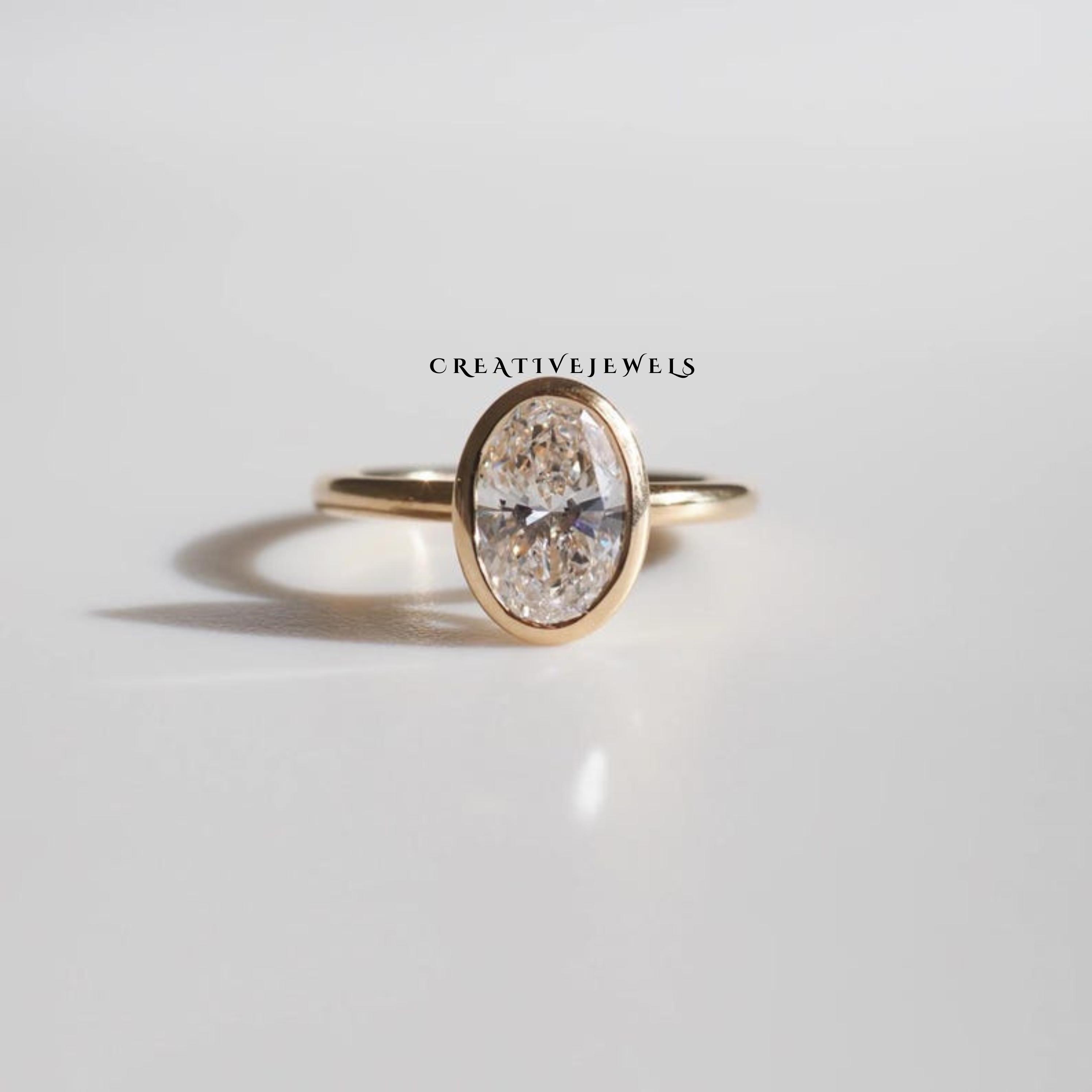 Oval Moissanite Bezel Solitaire Wedding Ring | Oval Cut Moissanite Engagement Ring | Oval Bezel Promise Ring | Simple Bezel Set Bridal Ring
