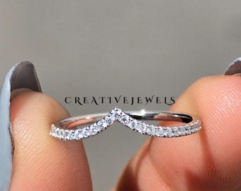 Silver Moissanite Chevron Ring, V Shape Ring, Perfect Matching Band, Stackable Propose Band, Wedding Gift for Her, Daily Wear Ring For Her .