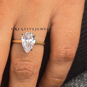 Forever One 2CT Pear Cut Moissanite Solitaire Ring, Elongated Pear Engagement Ring, Unique Wedding Ring For Her, 18k Gold Anniversary Ring .
