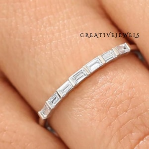 Baguette Cut Moissanite Engagement Band / 14K solid White Gold Seven Stone Baguette Diamond Women&#39;s Wedding Ring / Minimalist Design Ring