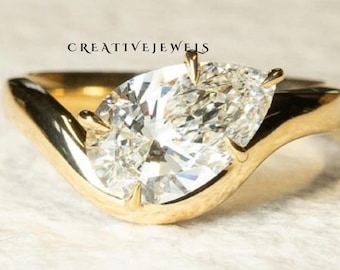 3.00CT Pear Moissanite Engagement Ring Bypass Band Unique Ring 14K Solid Gold Ring Wedding Ring Curved Band Promise Ring Anniversary Gift