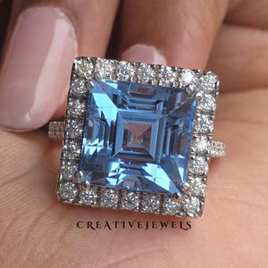 Princess Cut Aquamarine Gemstone Ring, Sparkling Cocktail Ring For Wife, Half Eternity Pave Band, Designer Basket Set Halo Engagement Ring