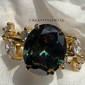 Green Oval Cut 3.00Ct Moissanite Engagement Ring, Oval Moissanite 4-Prongs Side Stone Round/Marquise, 14K Solid Yellow Gold Wedding Ring .