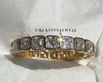 Asscher Cut Bezel Set Full Eternity Band, Moissanite Promise Ring, Stacking Anniversary Band, 14K Solid Gold Ring, Matching Eternity Band